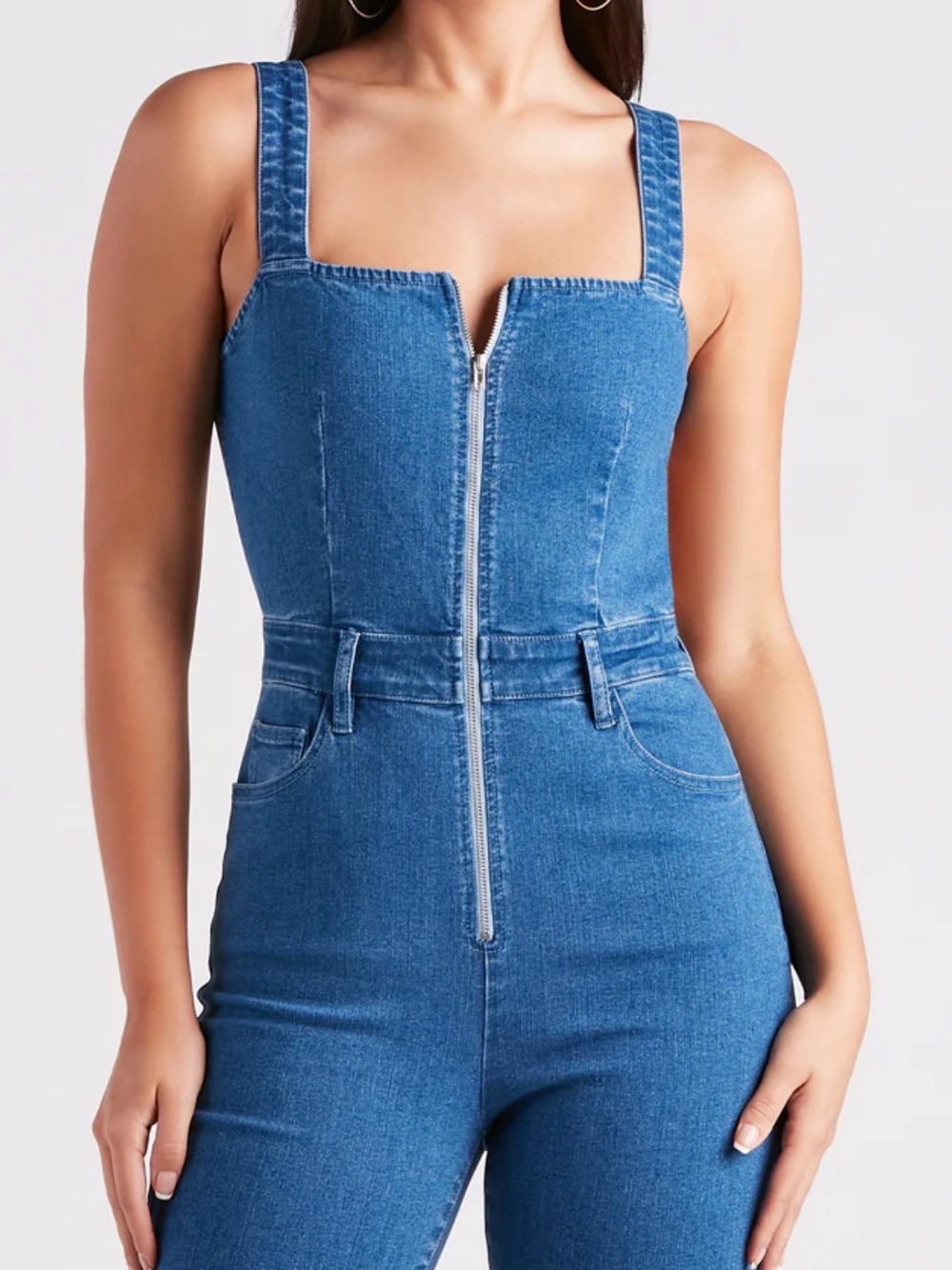 Windsor Blue Denim Zip-Front Flare Jumpsuit - Picture 4 of 7